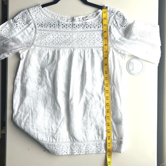 J.Crew White Linen Blouse, Eyelet Shirt, Boho Top, Size 0 - Picture 8 of 10